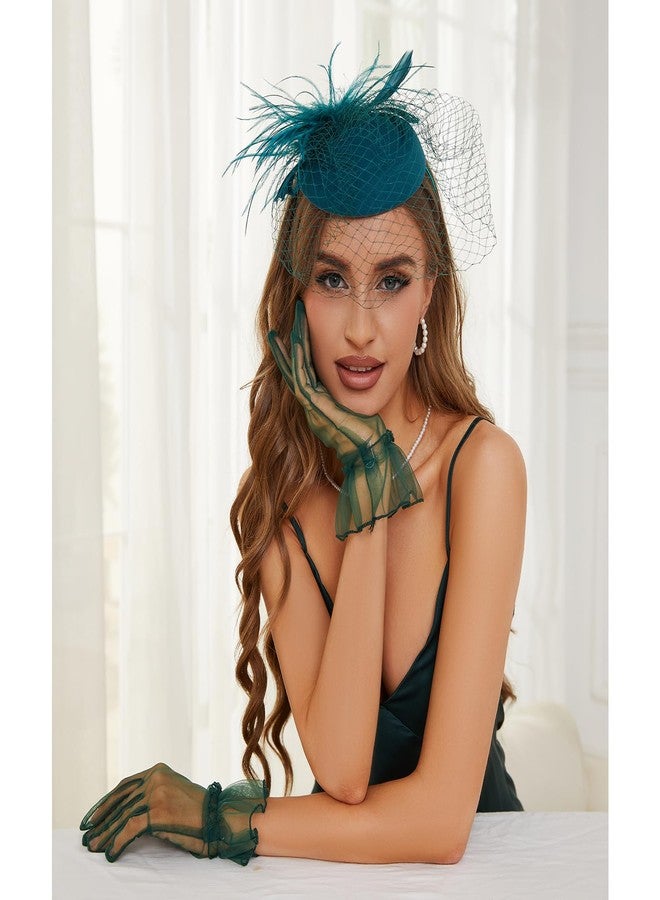 GurZinn Fascinator Hat Veil Tea Party Bridal Wedding Veil Pillbox Hat and Lace Bowknot Gloves for Women（Green Hat&Gloves） - Image 2