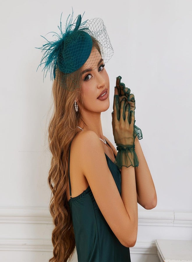 GurZinn Fascinator Hat Veil Tea Party Bridal Wedding Veil Pillbox Hat and Lace Bowknot Gloves for Women（Green Hat&Gloves） - Image 3