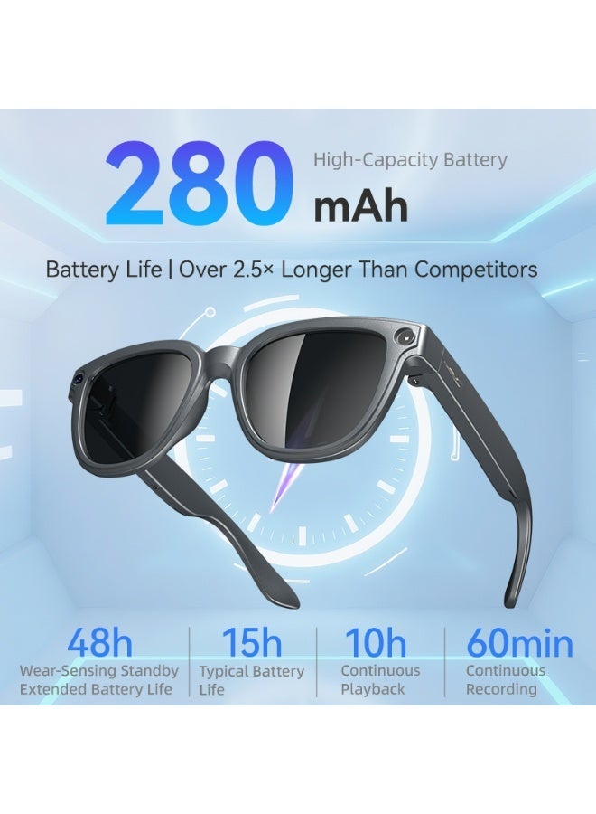 Smart Wearable Glasses, Stylish Design 39g Ultra-light for Comfortable Wearing, 8MP HD Anti-shake Camera for Photo/Video/Recording, WIFI Transfer to Phone, IP65 Waterproof Dustproof, Dual Mic Noise Reduction for Calls, Low-power Jerry+Allwinner Chip 280mAh Long Battery, AI Voice Wake-up/Object Recognition/Q&A/Translation, Bluetooth Call/Music Control, Wear Detection, Customizable Sunglass/Blue Light/Photochromic/Myopia Lenses, Optimized Heat Dissipation - Image 5