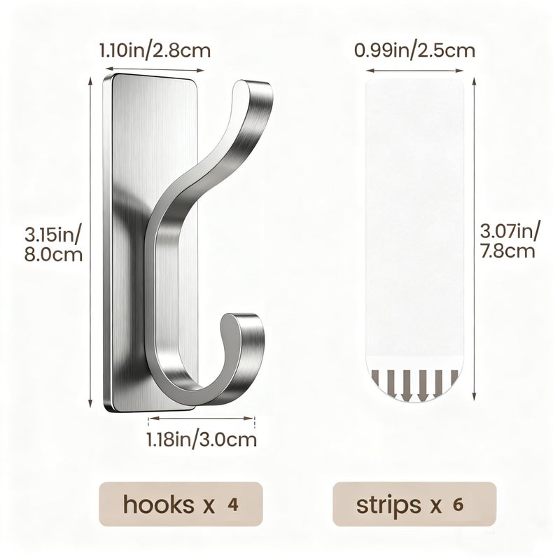 pickpiff Wall Hooks with Adhesive Strip- Easy to Remove, No Residue, Strong Heavy Duty Sticky Towel Hook, 4 Pack Silver - Image 3