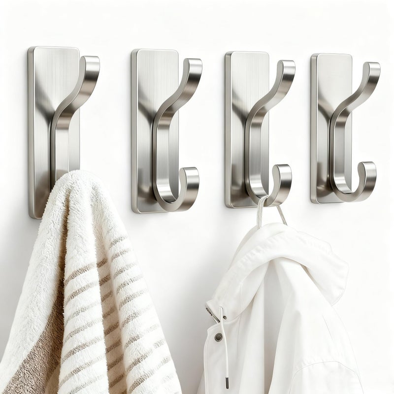 pickpiff Wall Hooks with Adhesive Strip- Easy to Remove, No Residue, Strong Heavy Duty Sticky Towel Hook, 4 Pack Silver - Image 1