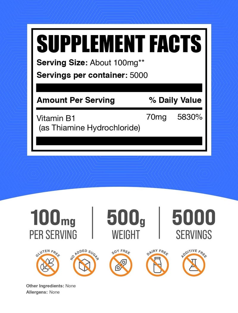 BulkSupplements Thiamine HCl Powder - Thiamine Hydrochloride, B1 Vitamins, Thiamine B1 Supplement, Thiamine 100mg - Gluten Free, 100mg per Serving, 500g (1.1 lbs) (Pack of 1) - Image 2