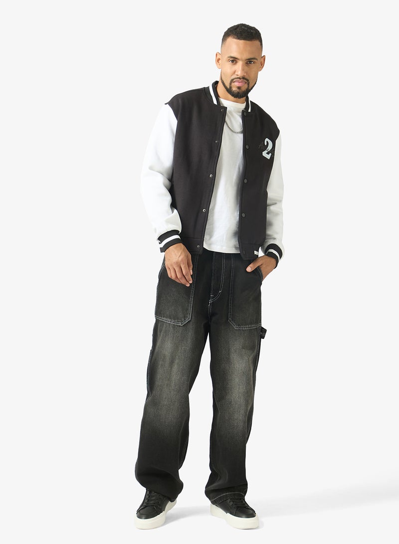 Seventy Five Classic Contrast Sleeve Snap Button Varsity Jacket - Image 4