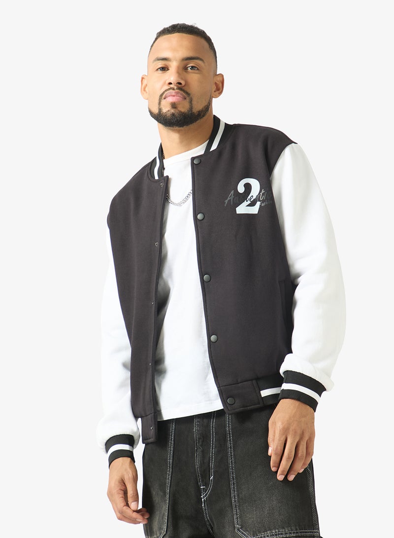 Seventy Five Classic Contrast Sleeve Snap Button Varsity Jacket - Image 1