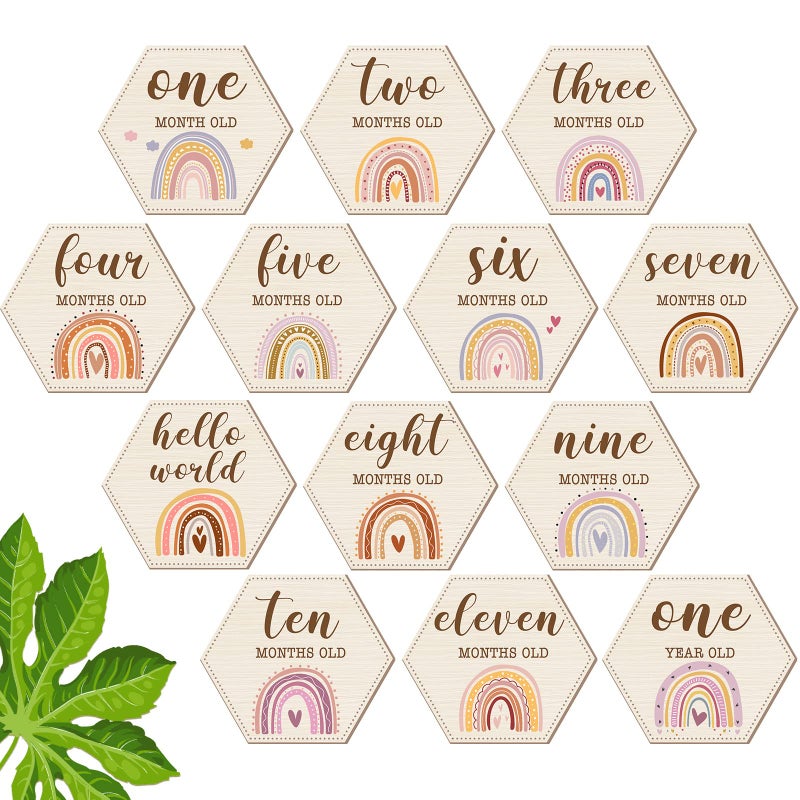 Amyhill Amyhill 13 Pcs Wooden Baby Monthly Milestone Cards Signs Double Sided Milestone Discs Baby Shower Boho Photo Props Gifts Birth Announcement Signs Pregnancy Journey Growth MarkerRainbow