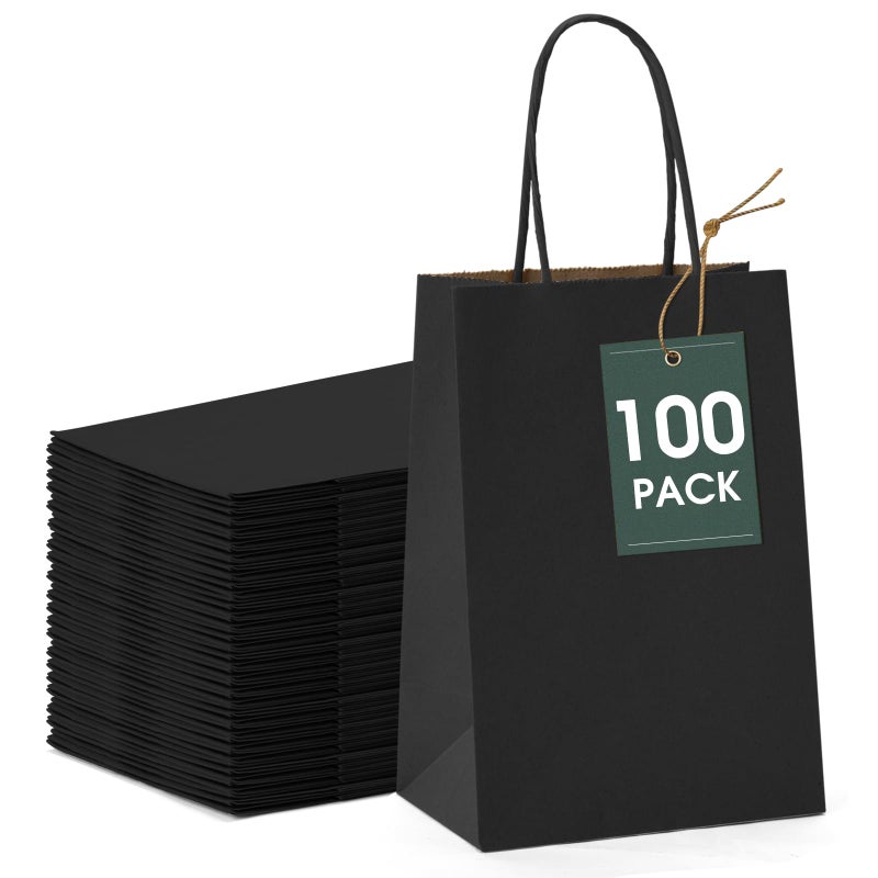 GSSUSA Black Gift Bags 525x375x8 100Pcs Valentines Day Bag Black Paper Bags with Handles Bulk for Small Business Sturdy Kraft Paper Retail Shopping Party Favor Valentines Day Gift Bag
