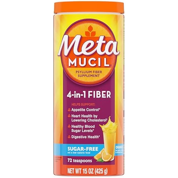 Metamucil 4-in-1 Psyllium Husk Fiber Supplement, Sugar-Free, 72 teaspoons, Orange Flavored, Daily Fiber Powder for Digestive Health, made with Plant-Based Psyllium Husk Fiber - Image 1