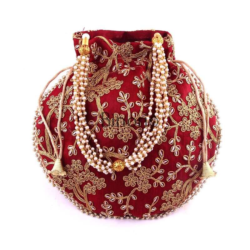 BINORI FASHIONS Rajasthani Style Royal Clutch Silk Batwa Bag Combo Wristlets Ethnic Potli for Women's Zari Work Bridal - Image 4