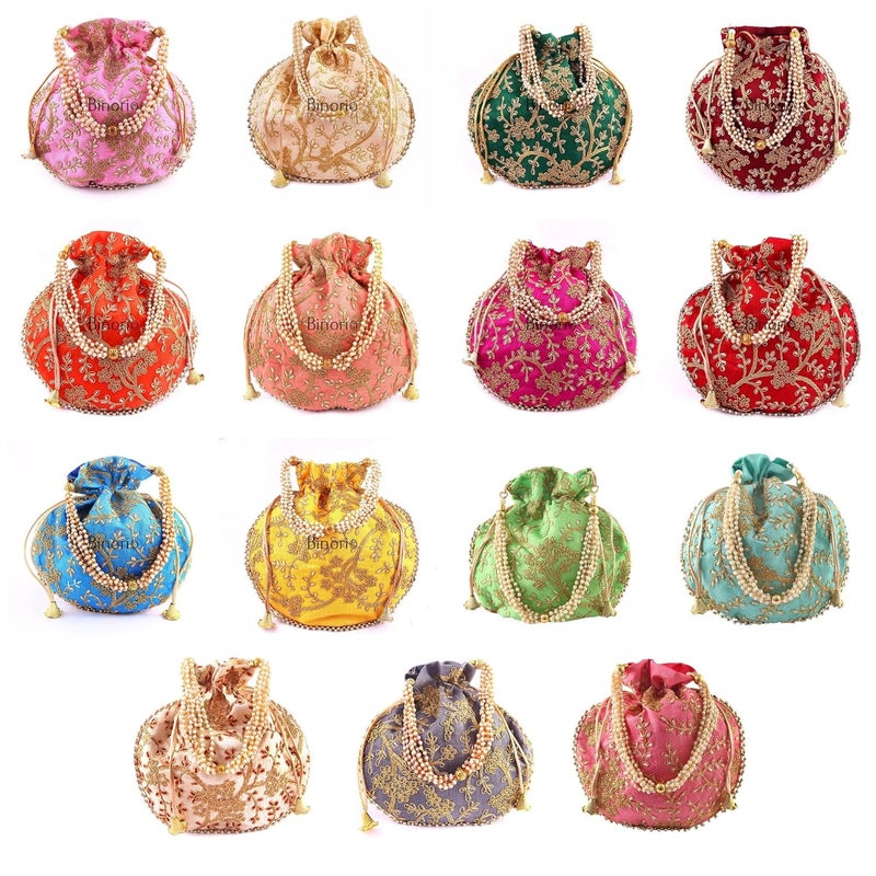 BINORI FASHIONS Rajasthani Style Royal Clutch Silk Batwa Bag Combo Wristlets Ethnic Potli for Women's Zari Work Bridal - Image 1