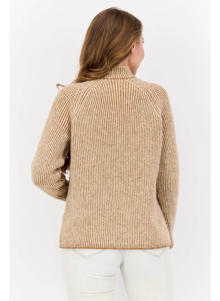 HUGO BOSS Women Mock Neck Striped Sweaters, Beige  - Image 3