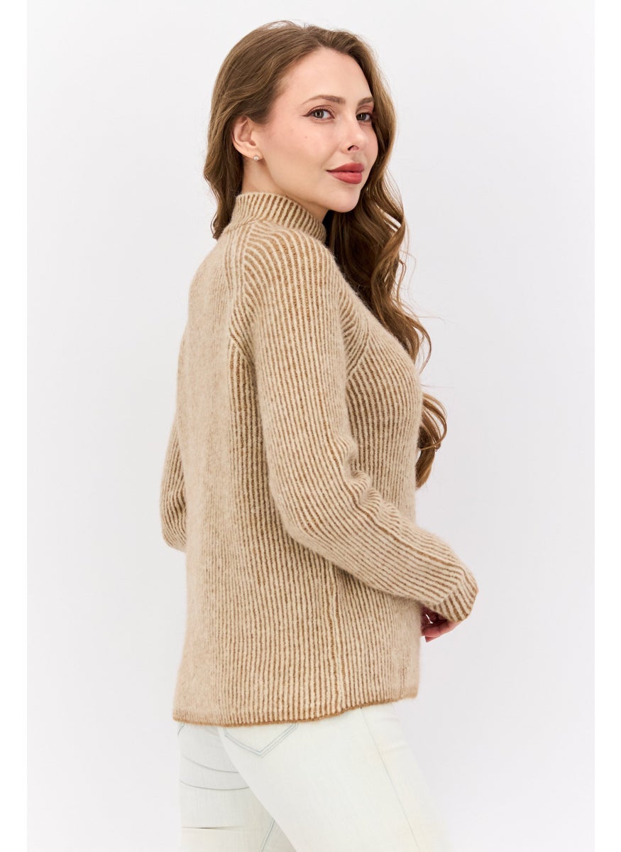 HUGO BOSS Women Mock Neck Striped Sweaters, Beige  - Image 2