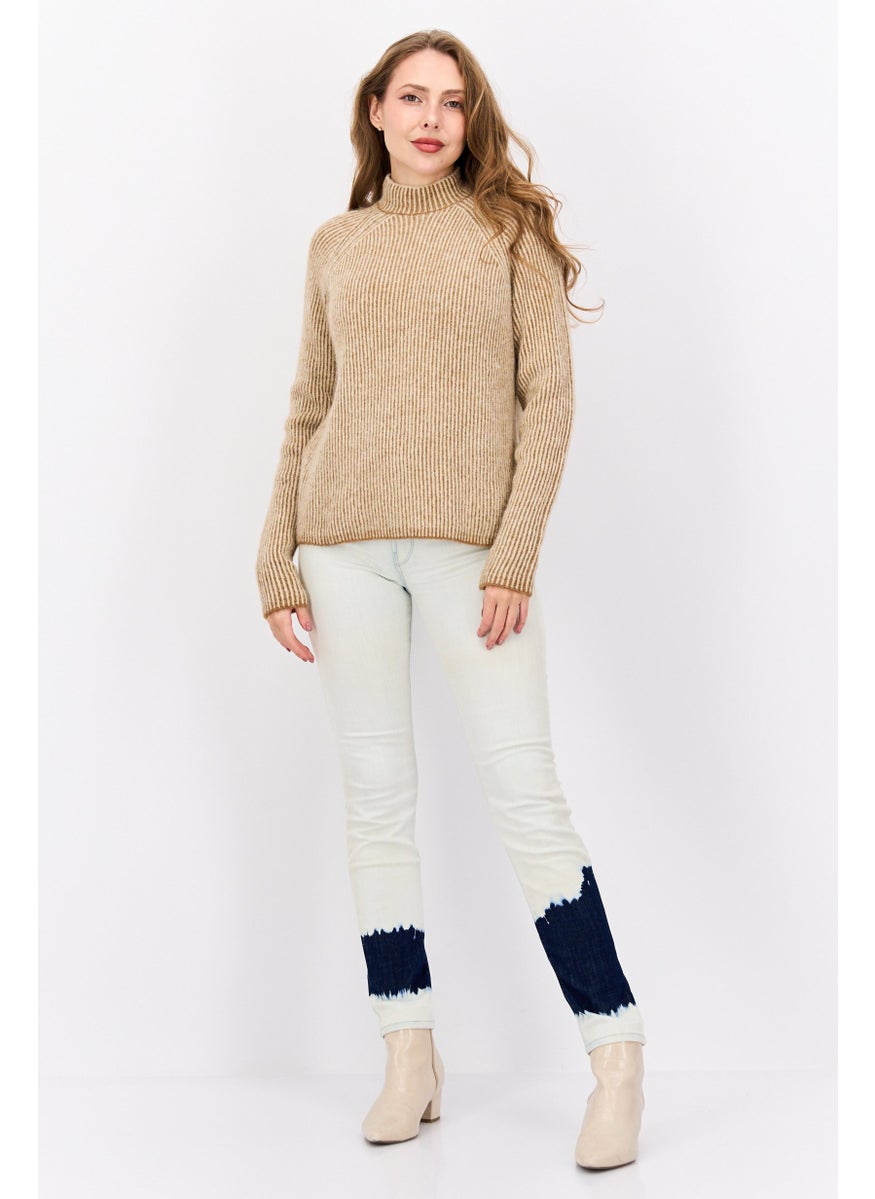 HUGO BOSS Women Mock Neck Striped Sweaters, Beige  - Image 4