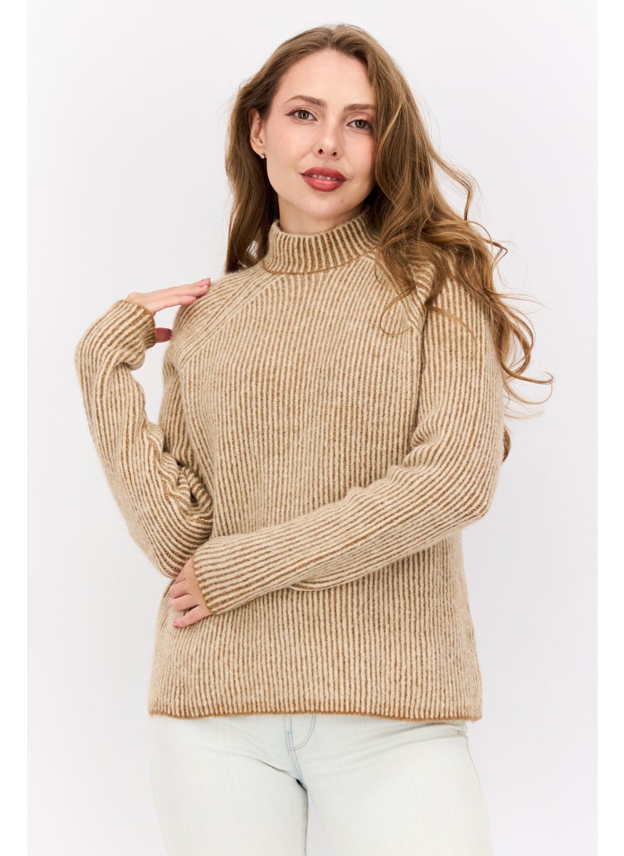 HUGO BOSS Women Mock Neck Striped Sweaters, Beige  - Image 1
