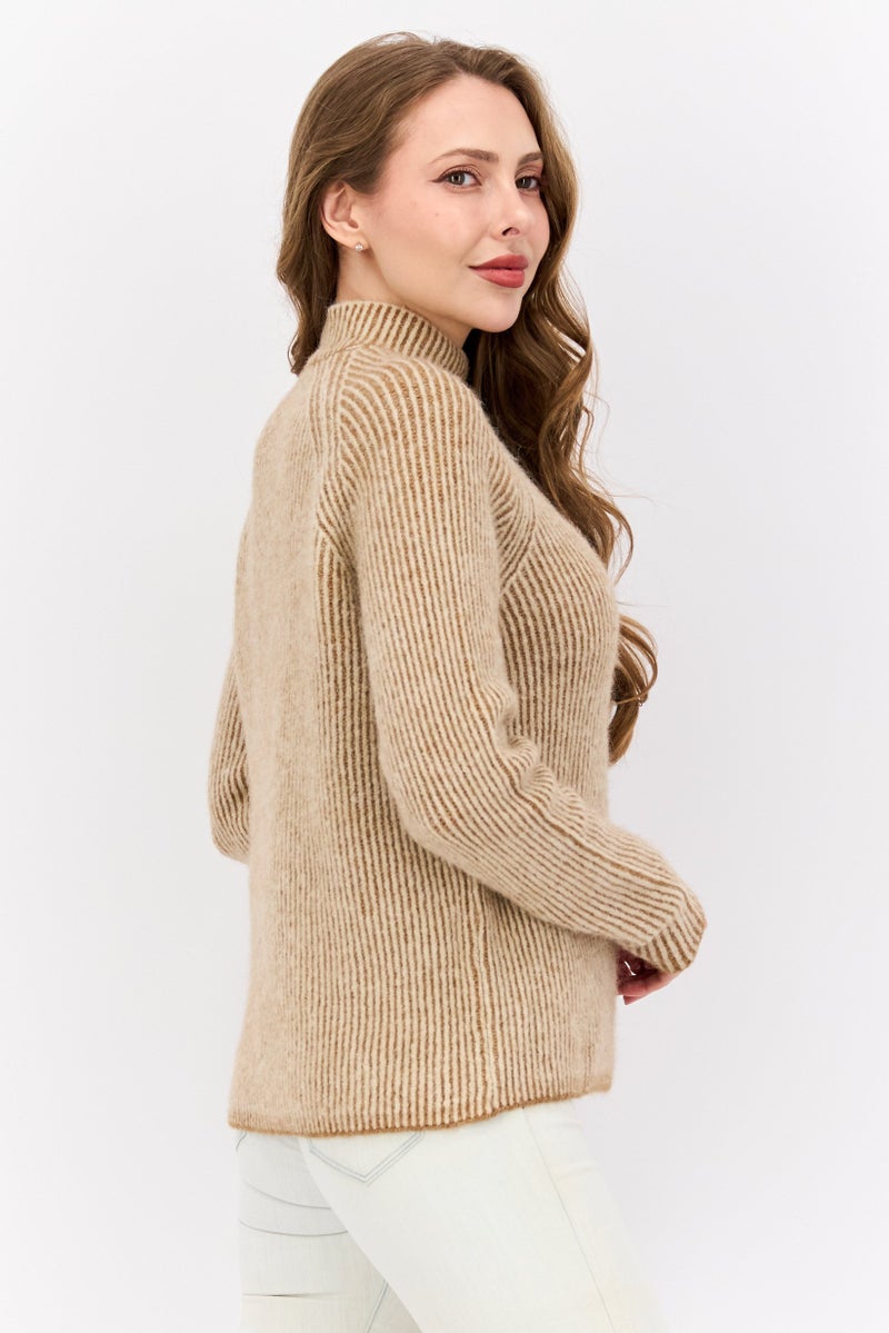 HUGO BOSS Women Mock Neck Striped Sweaters, Beige - Image 2