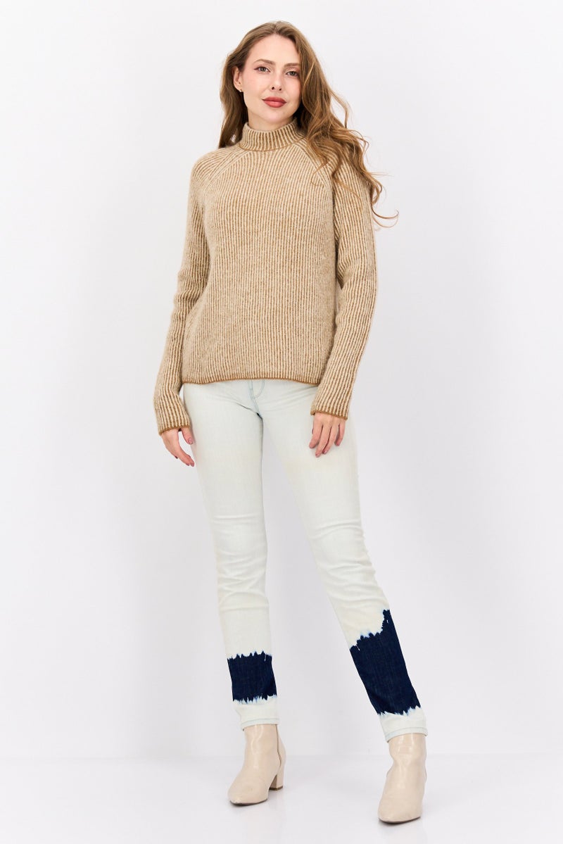 HUGO BOSS Women Mock Neck Striped Sweaters, Beige - Image 4