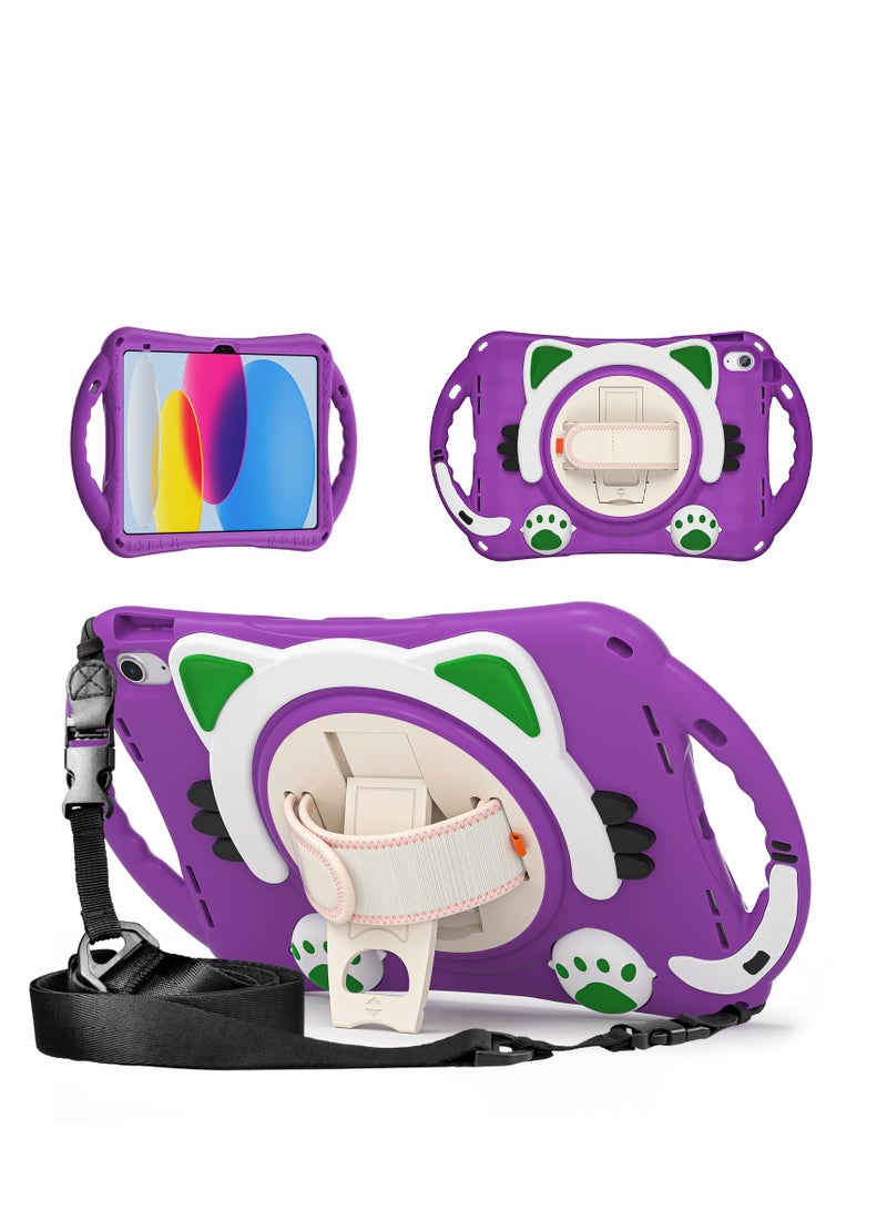 GULFLINK Cute Cat Kids Case with 360 Degree Rotatable Stand/Hand Strap+Shoulder Strap for ipad 10th 10.9 inch 2022（A2757/A2777）Purple - Image 1