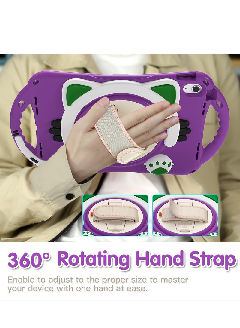 GULFLINK Cute Cat Kids Case with 360 Degree Rotatable Stand/Hand Strap+Shoulder Strap for ipad 10th 10.9 inch 2022（A2757/A2777）Purple - Image 4