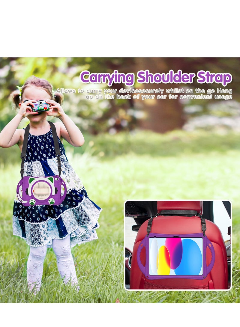 GULFLINK Cute Cat Kids Case with 360 Degree Rotatable Stand/Hand Strap+Shoulder Strap for ipad 10th 10.9 inch 2022（A2757/A2777）Purple - Image 3