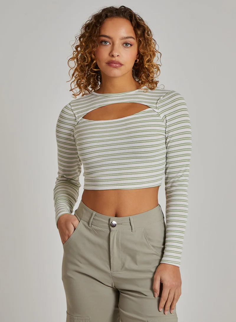 Pink Vanilla Striped Rib Letterbox Long Sleeve Crop Top