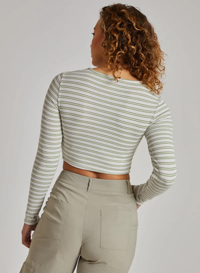 Pink Vanilla Striped Rib Letterbox Long Sleeve Crop Top