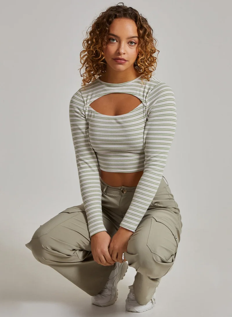 Pink Vanilla  Striped Rib Letterbox Long Sleeve Crop Top for Women | Best Price UAE