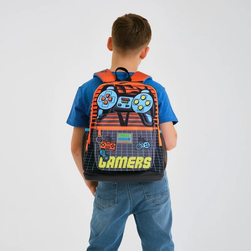 كورال هاي Kids Gray Orange Gamer Patterned 2-Piece School Bag Set SET0223746