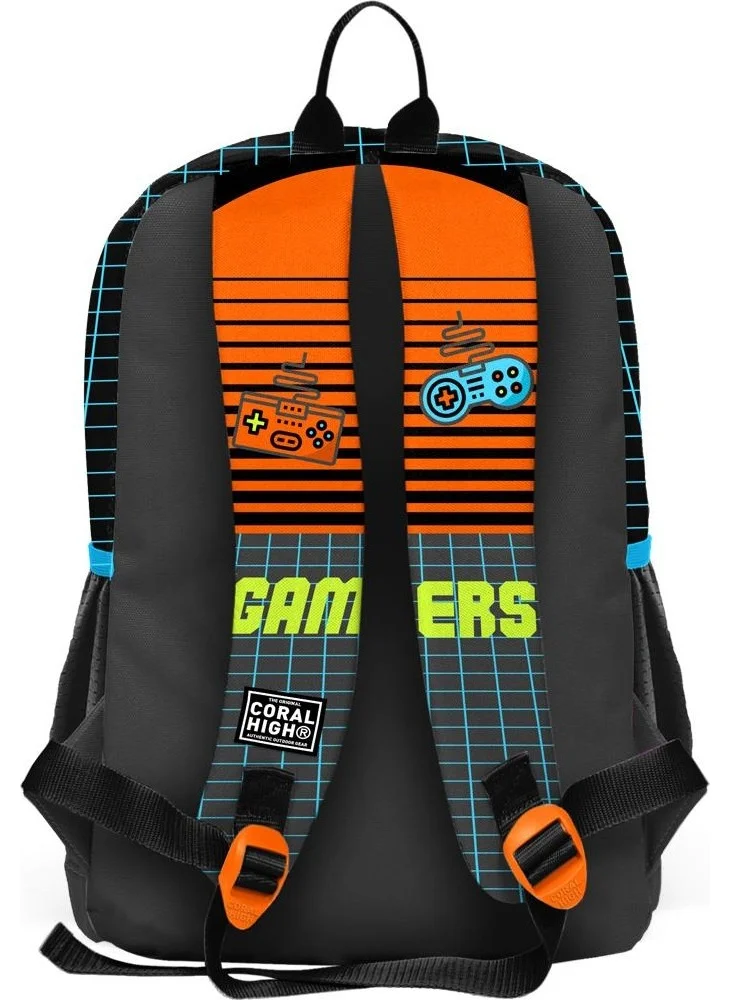 CORAL HIGH Kids Gray Orange Gamer Patterned 2-Piece School Bag Set SET0223746