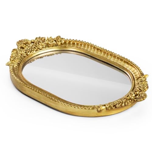 GUOER Vintage Antique Decorative Bathroom Vanity Tray Decor Mirror Tray for Dessert Table Coffee Table Vanity Home Decor Serving Tray with Handle Gold - Image 1