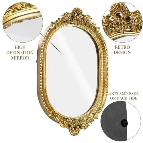 GUOER Vintage Antique Decorative Bathroom Vanity Tray Decor Mirror Tray for Dessert Table Coffee Table Vanity Home Decor Serving Tray with Handle Gold - Image 5