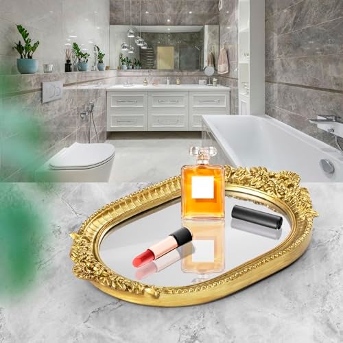 GUOER Vintage Antique Decorative Bathroom Vanity Tray Decor Mirror Tray for Dessert Table Coffee Table Vanity Home Decor Serving Tray with Handle Gold - Image 4