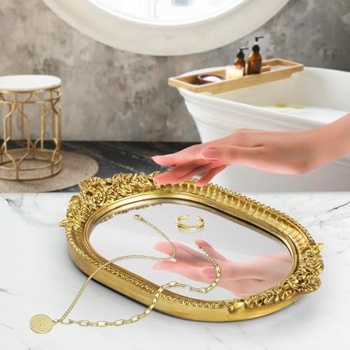 GUOER Vintage Antique Decorative Bathroom Vanity Tray Decor Mirror Tray for Dessert Table Coffee Table Vanity Home Decor Serving Tray with Handle Gold - Image 3
