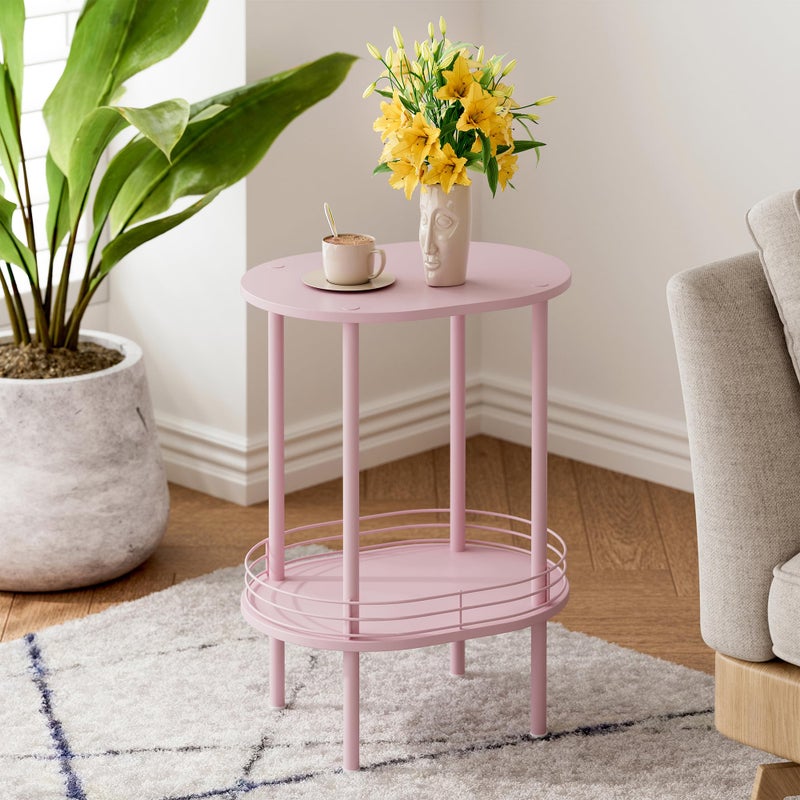 DGSANDGO Small Modern Oval Side Table with Storage,2-Tier Side Tables Living Room,Sturdy Nightstand for Small Space - Living Room, Bedroom, Bathroom, Nursery (1PC,Pink) - Image 3