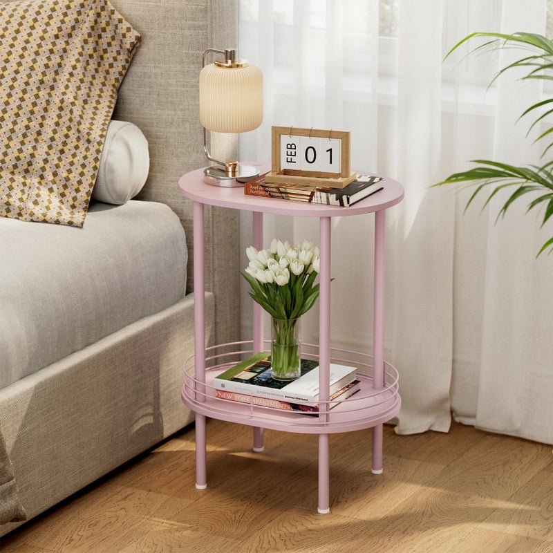 DGSANDGO Small Modern Oval Side Table with Storage,2-Tier Side Tables Living Room,Sturdy Nightstand for Small Space - Living Room, Bedroom, Bathroom, Nursery (1PC,Pink) - Image 1