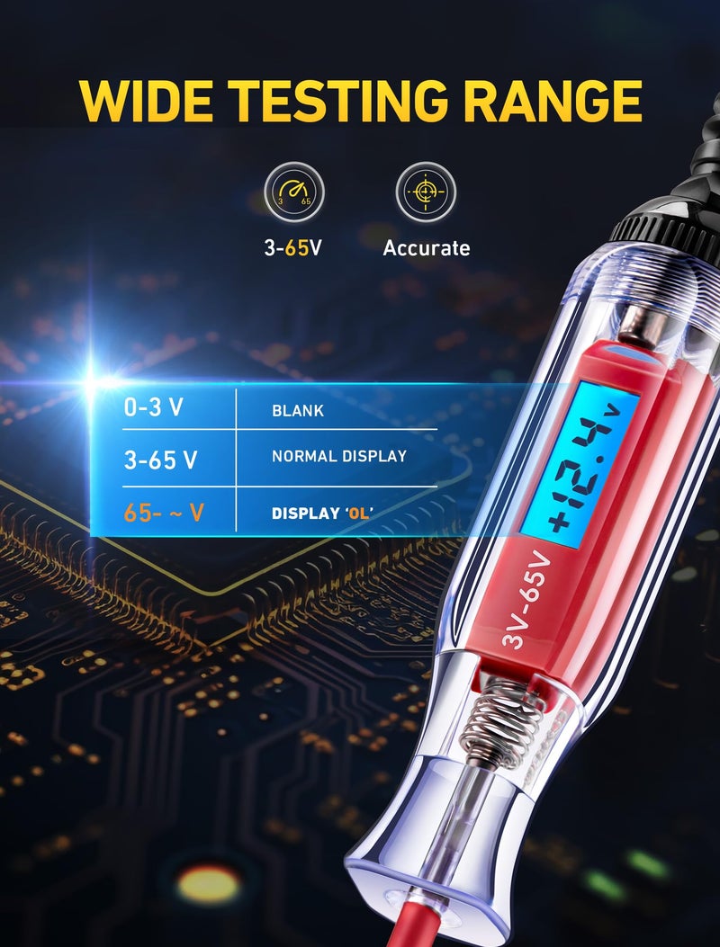 JASTIND Heavy Duty 3-65V Backlit Digital LCD Circuit Tester, Test Light with 140 Inch Extended Spring Wire, Car Truck Low Voltage & Light Tester with Stainless Probe - Image 3