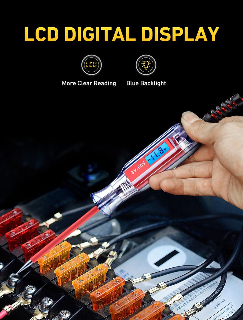 JASTIND Heavy Duty 3-65V Backlit Digital LCD Circuit Tester, Test Light with 140 Inch Extended Spring Wire, Car Truck Low Voltage & Light Tester with Stainless Probe - Image 2