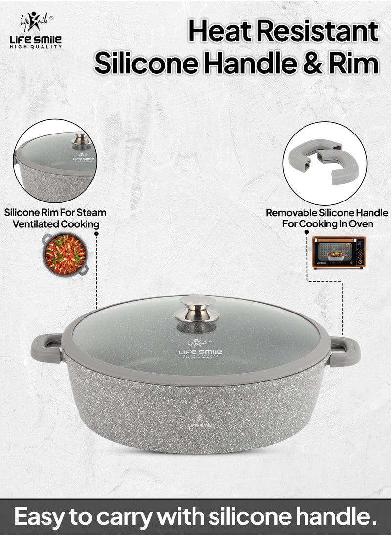 Life Smile - 36cm (7.8 Liter) LIFE SMILE Shallow Pot - Multi Layer Non Stick Granite Coating 100% PFOA Free - Glass Lid With Silicone Rim - Detachable Silicone Handles - Oven Safe Frying Pan - Image 1