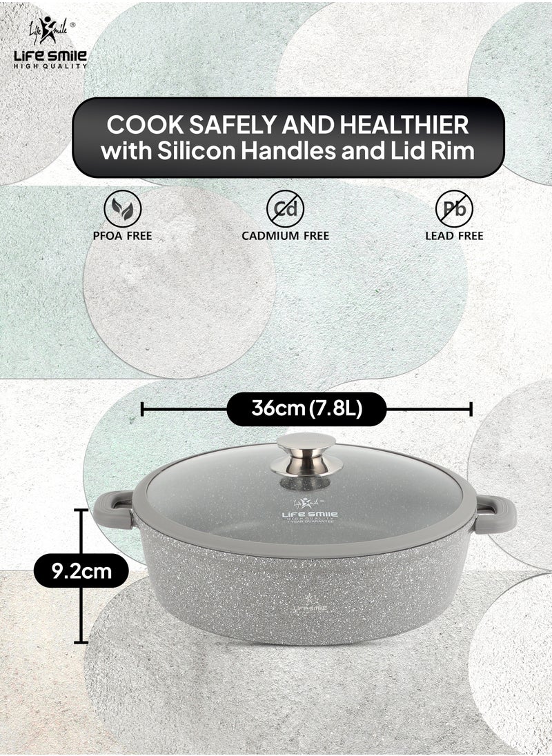 Life Smile - 36cm (7.8 Liter) LIFE SMILE Shallow Pot - Multi Layer Non Stick Granite Coating 100% PFOA Free - Glass Lid With Silicone Rim - Detachable Silicone Handles - Oven Safe Frying Pan - Image 1