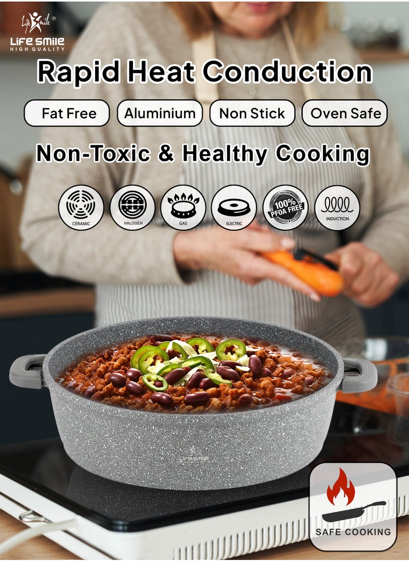 Life Smile - 36cm (7.8 Liter) LIFE SMILE Shallow Pot - Multi Layer Non Stick Granite Coating 100% PFOA Free - Glass Lid With Silicone Rim - Detachable Silicone Handles - Oven Safe Frying Pan - Image 1