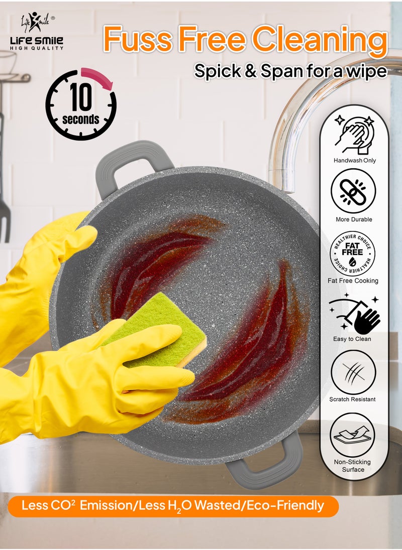 Life Smile - 36cm (7.8 Liter) LIFE SMILE Shallow Pot - Multi Layer Non Stick Granite Coating 100% PFOA Free - Glass Lid With Silicone Rim - Detachable Silicone Handles - Oven Safe Frying Pan - Image 1