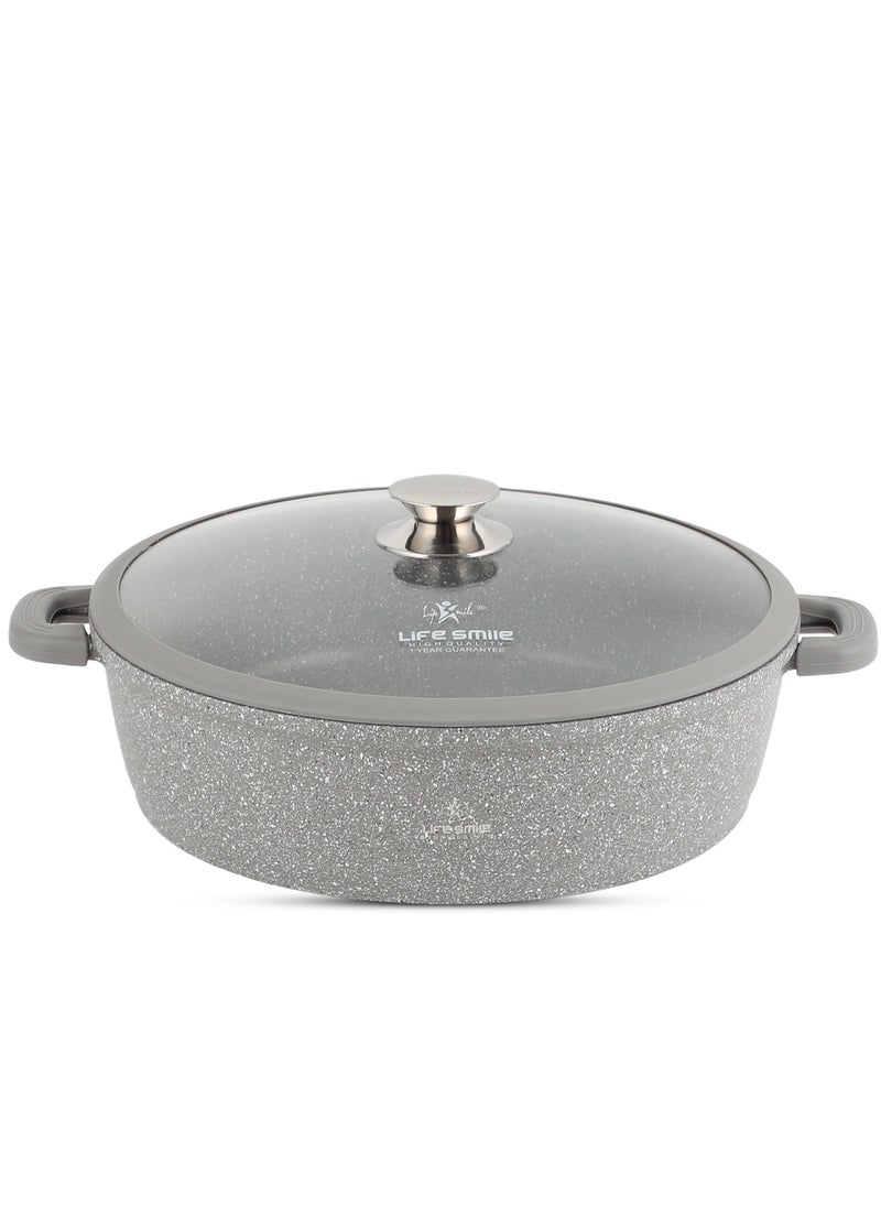 Life Smile - 36cm (7.8 Liter) LIFE SMILE Shallow Pot - Multi Layer Non Stick Granite Coating 100% PFOA Free - Glass Lid With Silicone Rim - Detachable Silicone Handles - Oven Safe Frying Pan - Image 1