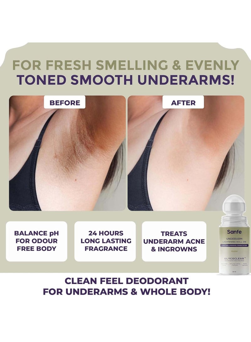 Sanfe Underarm Lightening Roll On Oudh 5% AHA Glycolic Salicylic Acid Removes Pigmentation Deodorant Glycoclear Men Women - Image 2