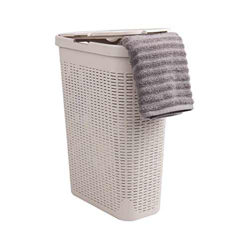 Mind Reader Slim Laundry Hamper with Lid, 40L Clothes Basket, Premium Wicker Design, Plastic, Ivory - Image 1