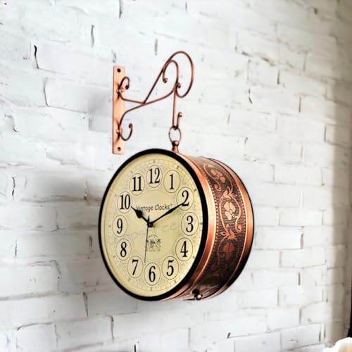 Vintage Clock Handcrafted Double Analog Side Clock with English & Roman Numbers 1 Year Warranty (6 Inches Size, Rose Gold Finish, Floral Design, VC-65471), Iron - Image 1