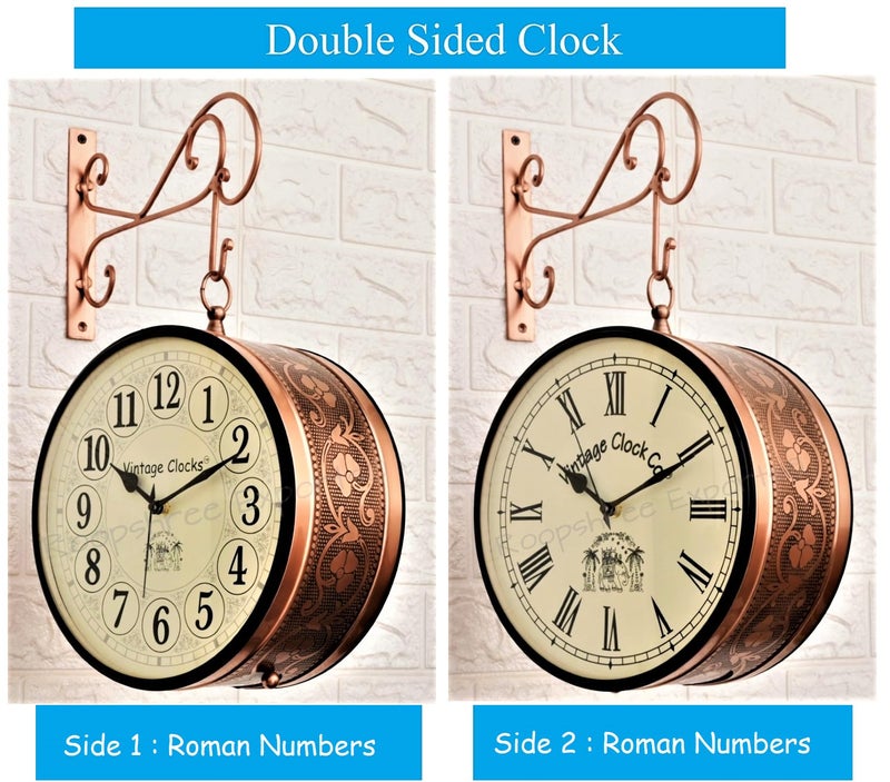 Vintage Clock Handcrafted Double Analog Side Clock with English & Roman Numbers 1 Year Warranty (6 Inches Size, Rose Gold Finish, Floral Design, VC-65471), Iron - Image 2