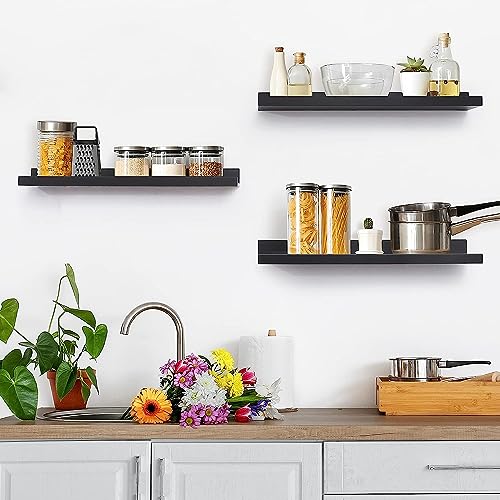 Streem Sheesham Wood Floating Shelves, Wall Shelves Set of 3, Picture Shelf Photo Ledge Shelves for Bathroom Kitchen and Bedroom,Livingroom & Office (23 inch, Black) - Image 2