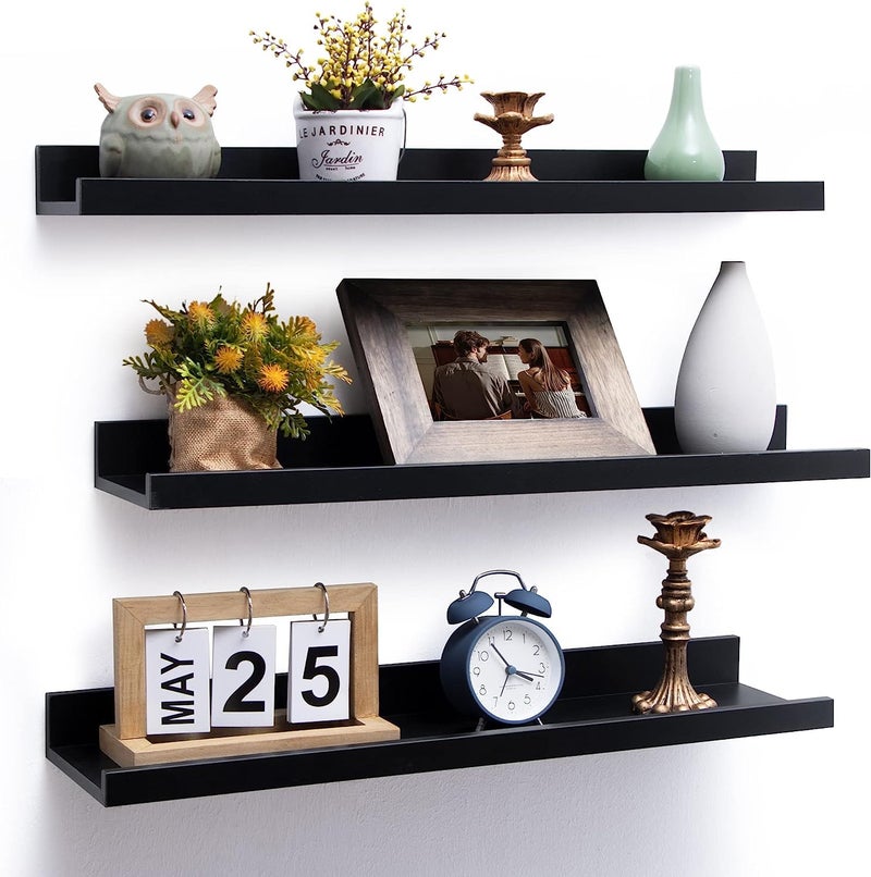 Streem Sheesham Wood Floating Shelves, Wall Shelves Set of 3, Picture Shelf Photo Ledge Shelves for Bathroom Kitchen and Bedroom,Livingroom & Office (23 inch, Black) - Image 1