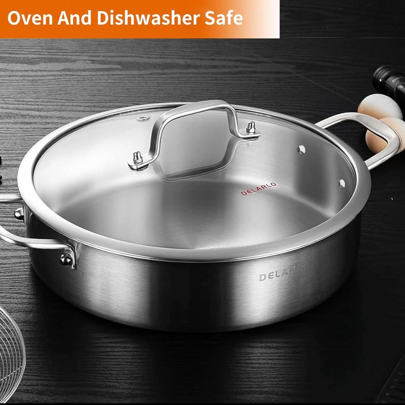 DELARLO Stainless Steel Pans,6QT Saute Pan,12 inch Everyday Pan with Lid,Dishwasher-Friendly Braiser,Stay-Cool Handles,Oven-Safe Up to 660â„‰ - Image 5