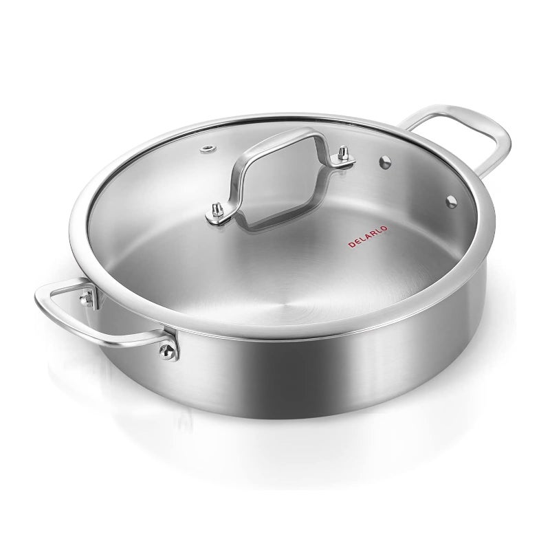DELARLO Stainless Steel Pans,6QT Saute Pan,12 inch Everyday Pan with Lid,Dishwasher-Friendly Braiser,Stay-Cool Handles,Oven-Safe Up to 660â„‰ - Image 1