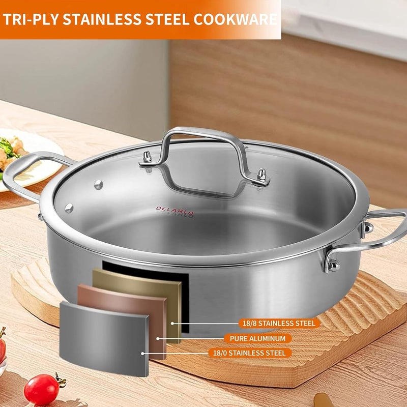 DELARLO Stainless Steel Pans,6QT Saute Pan,12 inch Everyday Pan with Lid,Dishwasher-Friendly Braiser,Stay-Cool Handles,Oven-Safe Up to 660â„‰ - Image 2