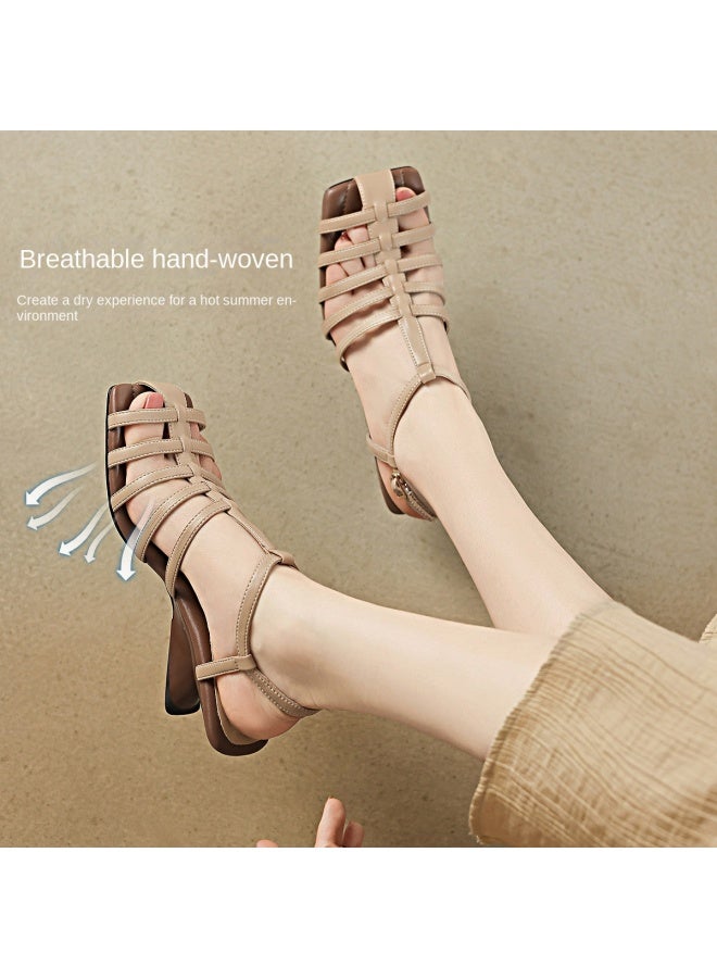 Retro Roman Sandals For Women, 2025 Summer Square-toe Woven Hollow-out Peep-toe Soft Sole Cage Sandals - Image 2